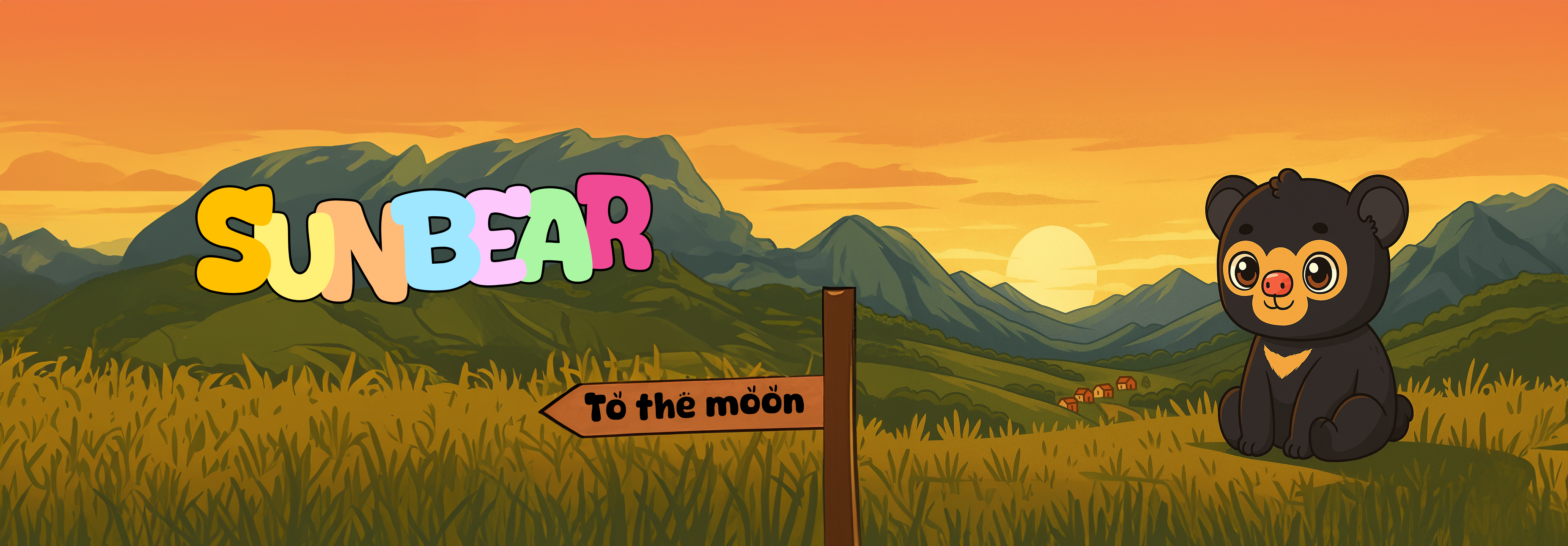 SUNBEAR Solana memecoin mascot — playful cartoon sun bear with vibrant gradient background, symbolizing organic growth and strong Solana community.